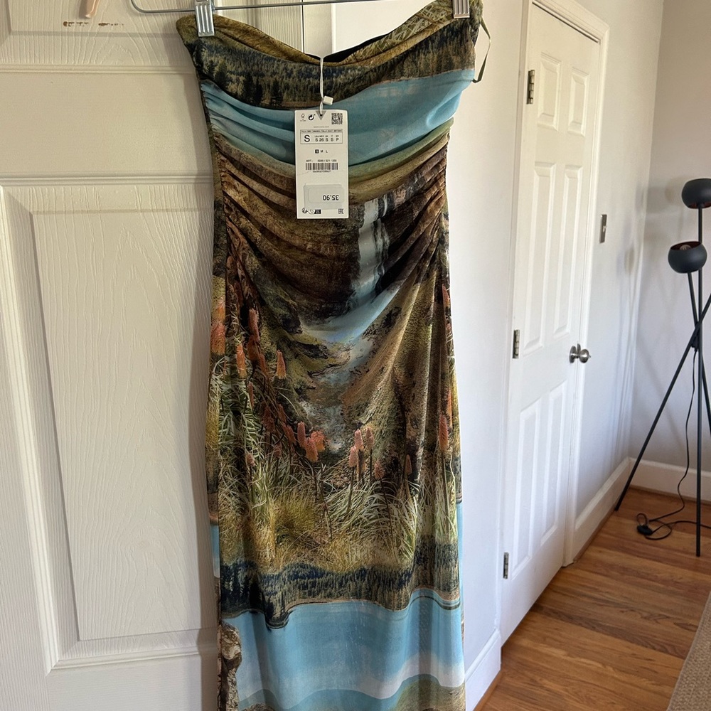 NWT Zara Strapless Midi Print Mesh Dress